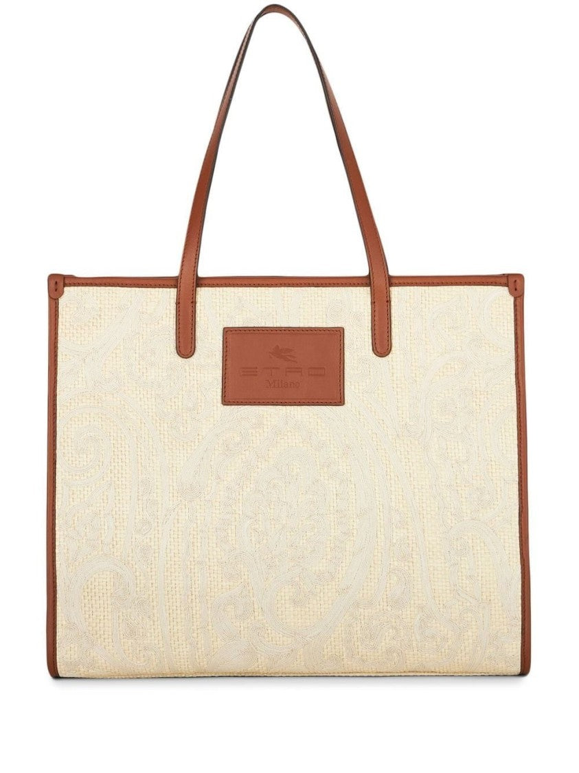 Etro Textured Beige Tote Bag With Leather Handles