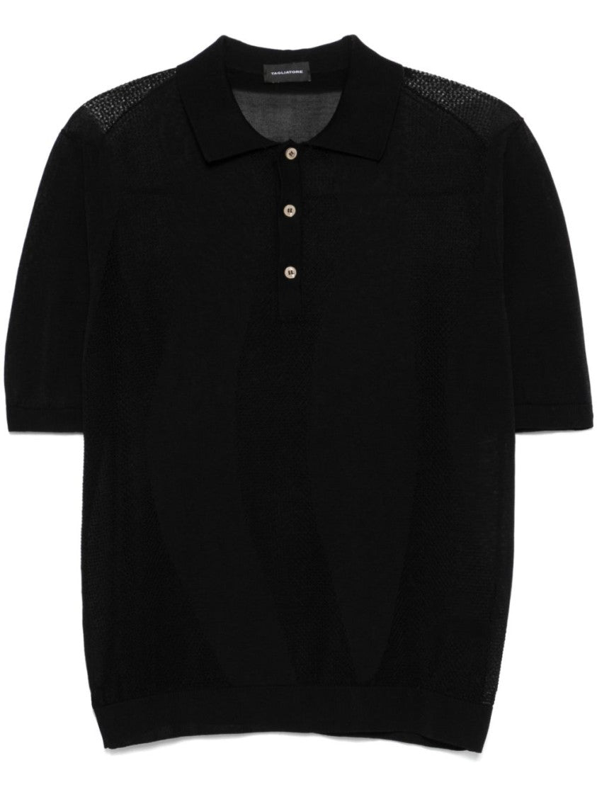 Tagliatore Mesh Design Black Polo With Classic Collar