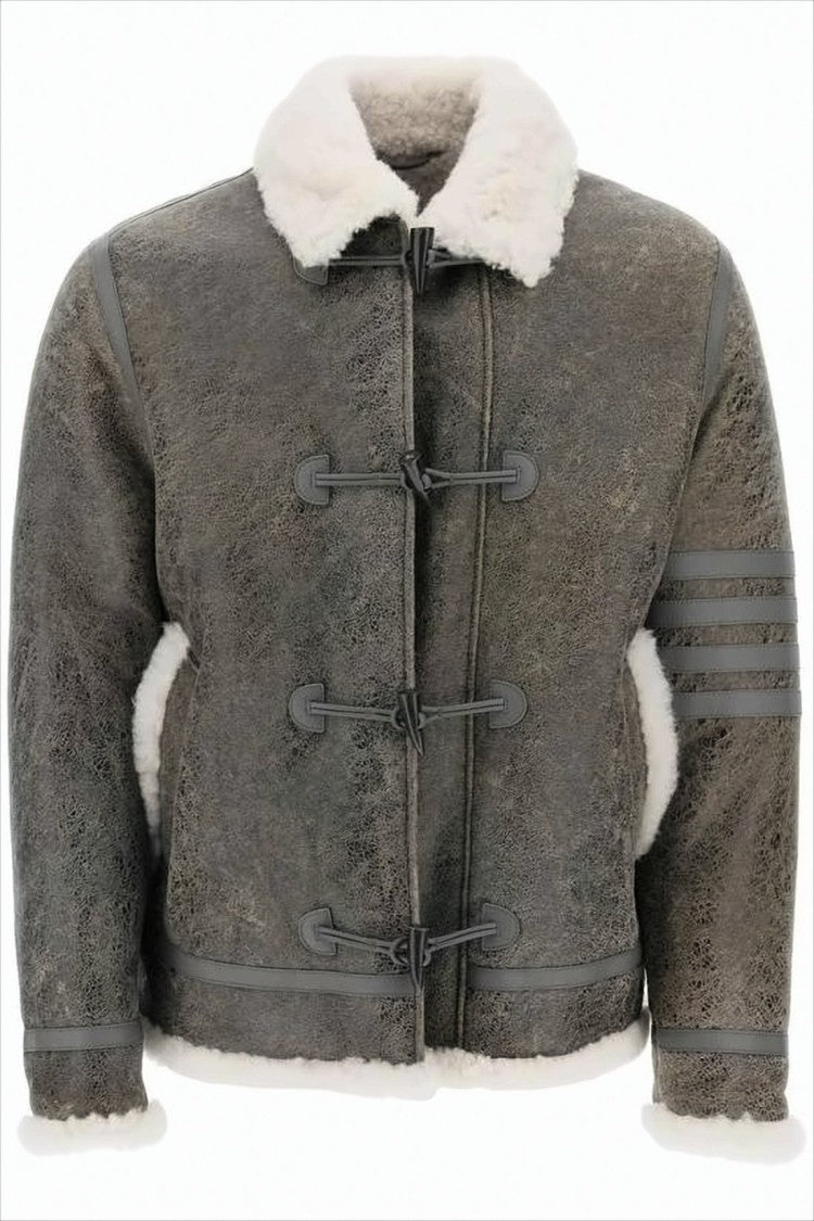 Thom Browne Brown Shearling-Collared Leather Jacket