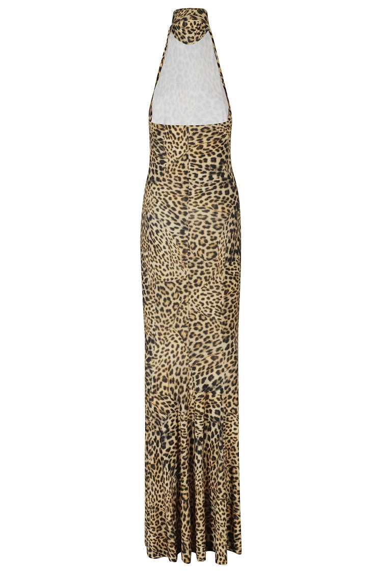 Norma Kamali Cheetah Patch Halter Neck Fishtail Evening Dress