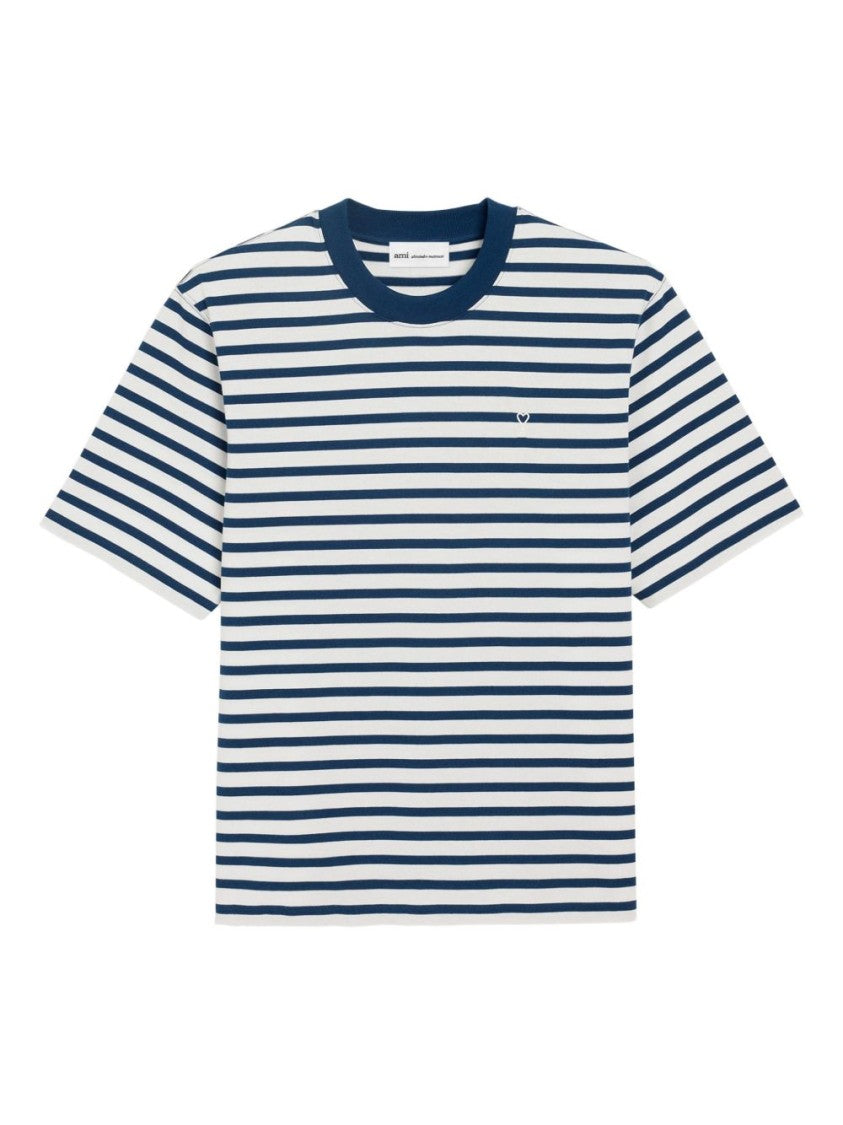 Ami Paris Blue/White Cotton Striped Embroidered T-Shirt