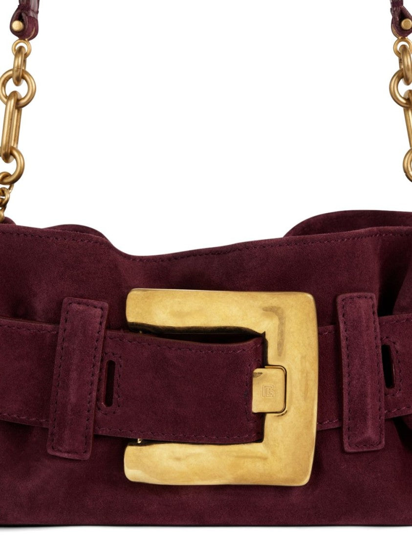 Balmain Burgundy Suede Shoulder Bag With Oversized Gold Buckle
