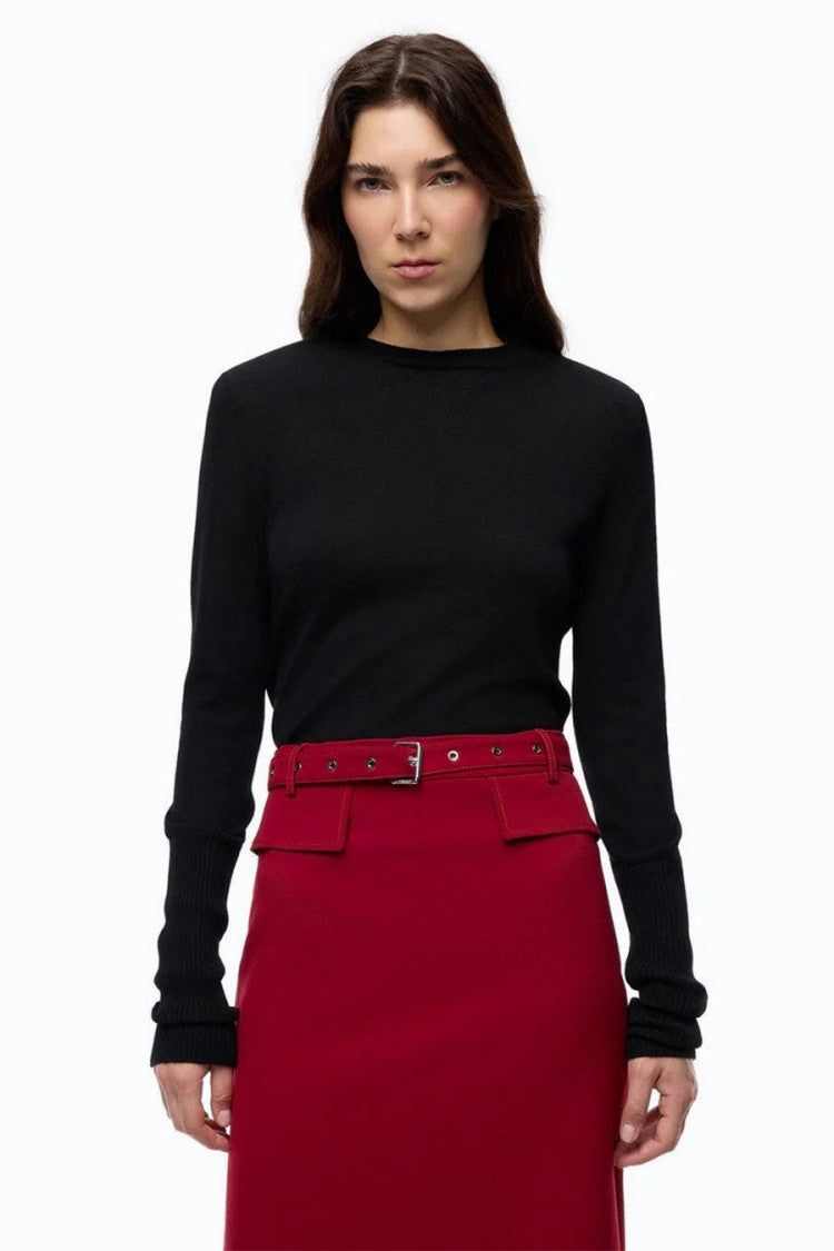 Pinko Black Wool Ribbed-Cuff Mock-Neck Sweater