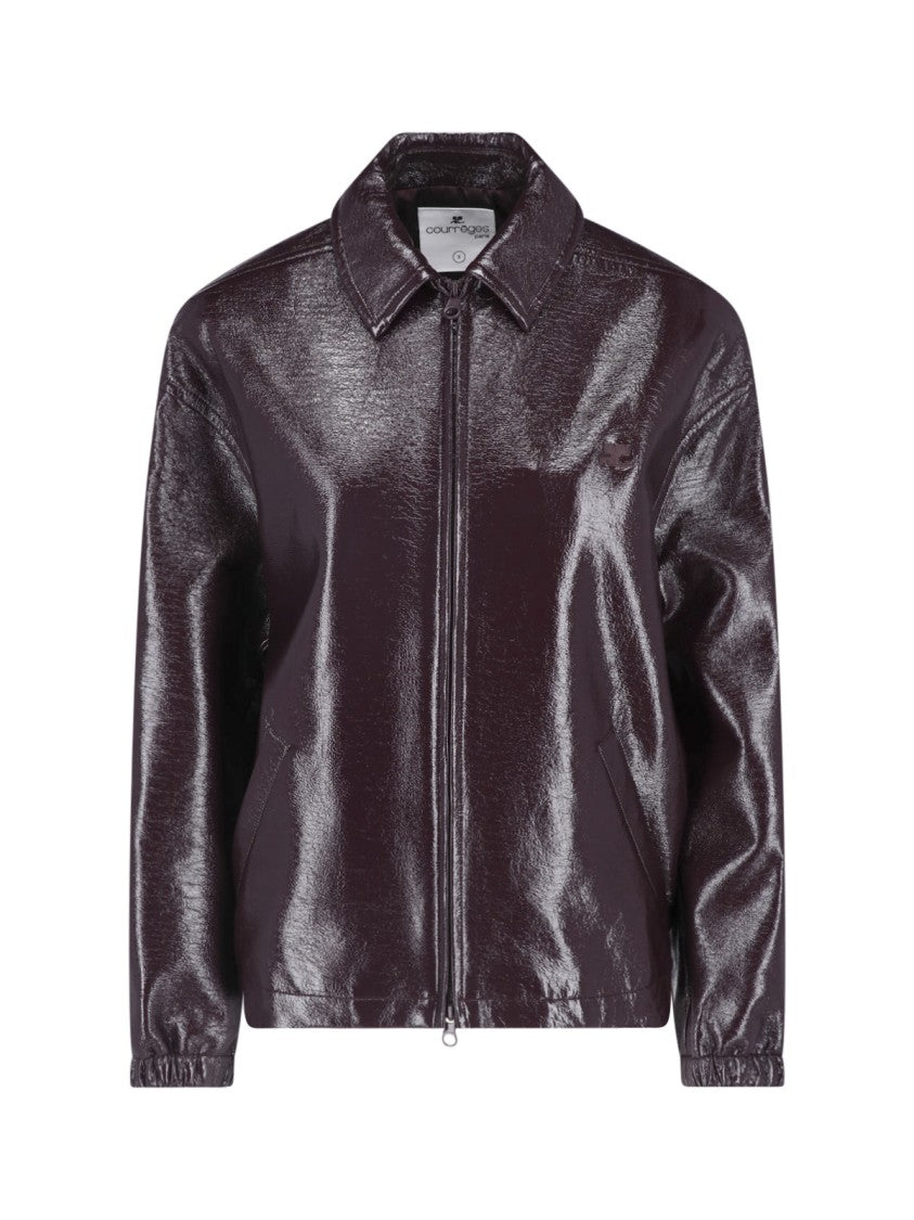 Courrèges Bordeaux Red Vinyl Classic Collar Zip Bomber Jacket