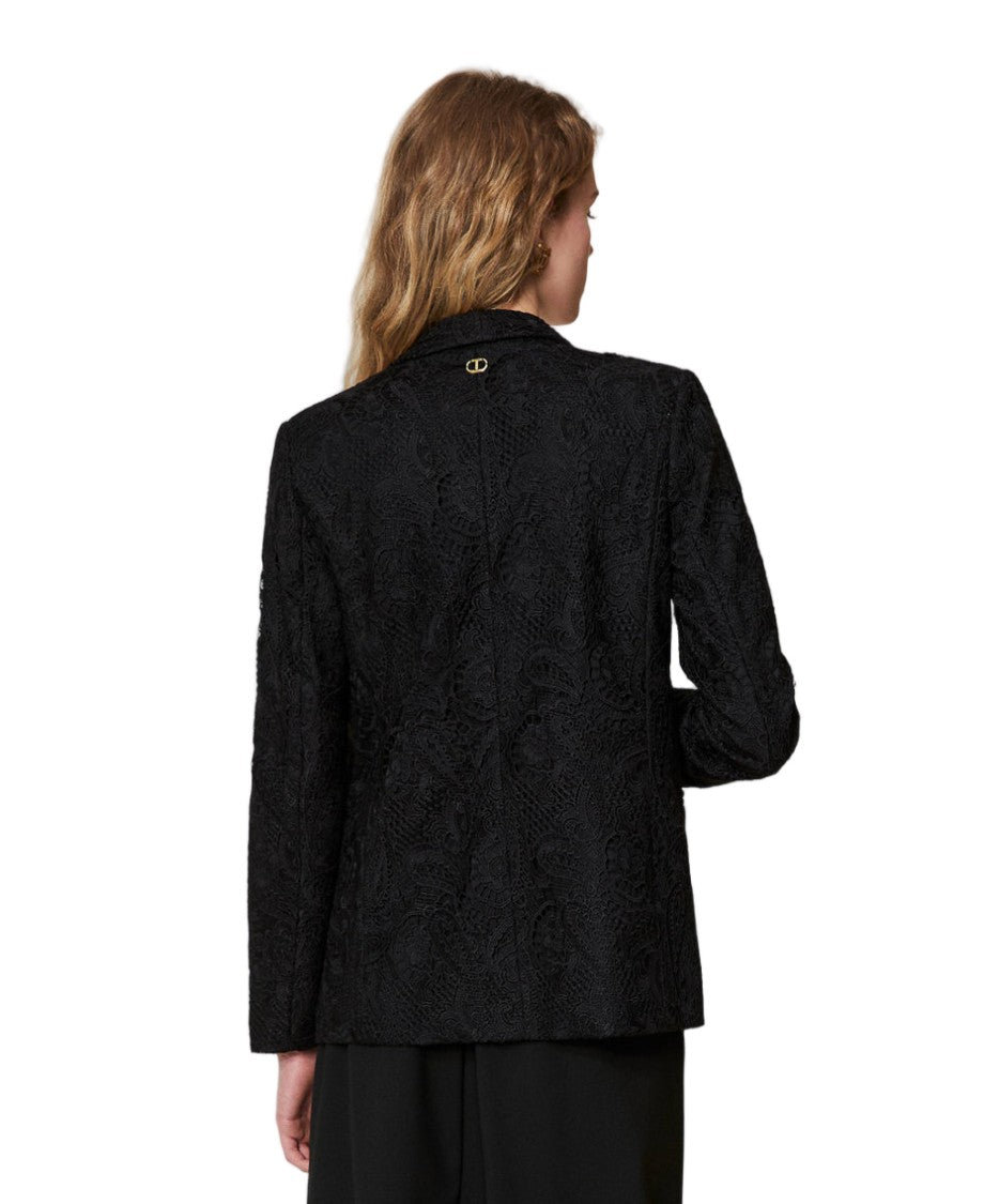 Twin-Set Black Paisley Macramé Lace Crêpe De Chine Lined Blazer