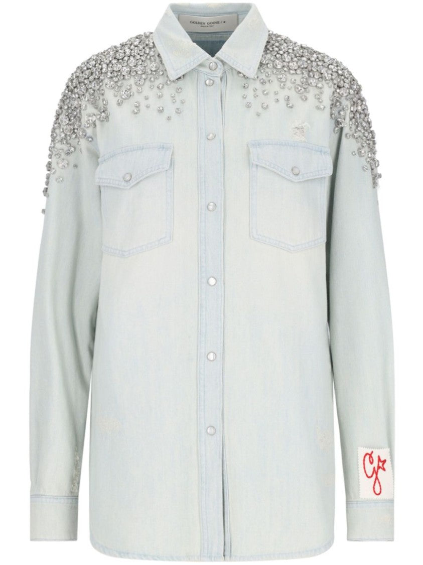 Golden Goose Light Blue Denim Shirt With Embellished Shoulders