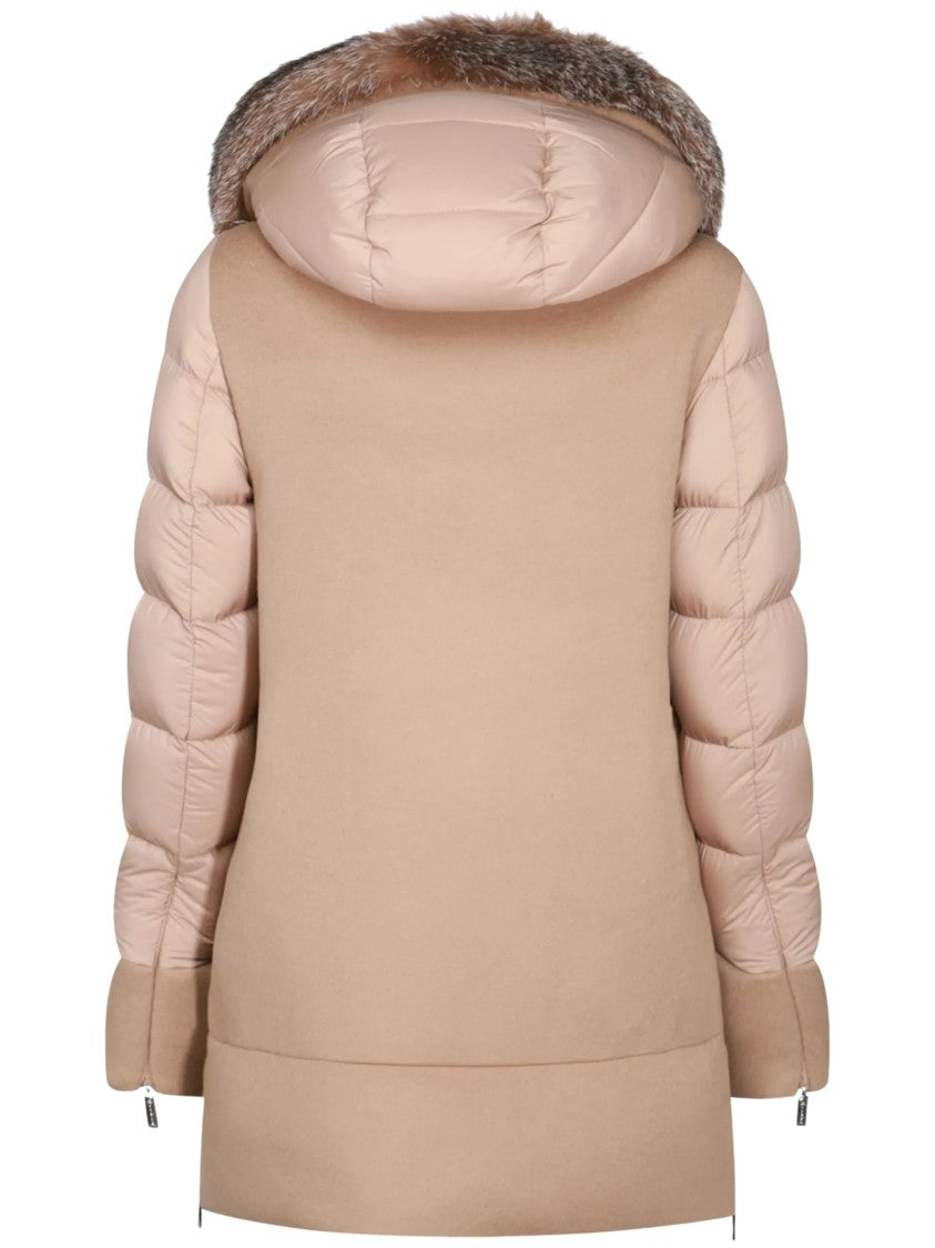 Moorer Fresia Coat With Quilted Sleeves And Fur Trim