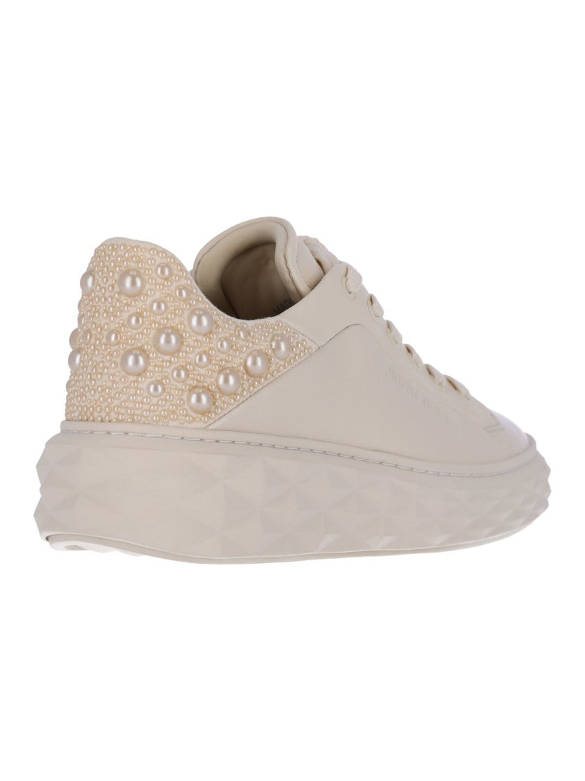 Jimmy Choo Cream Leather Textured Sole Pearl Detail Sneakers