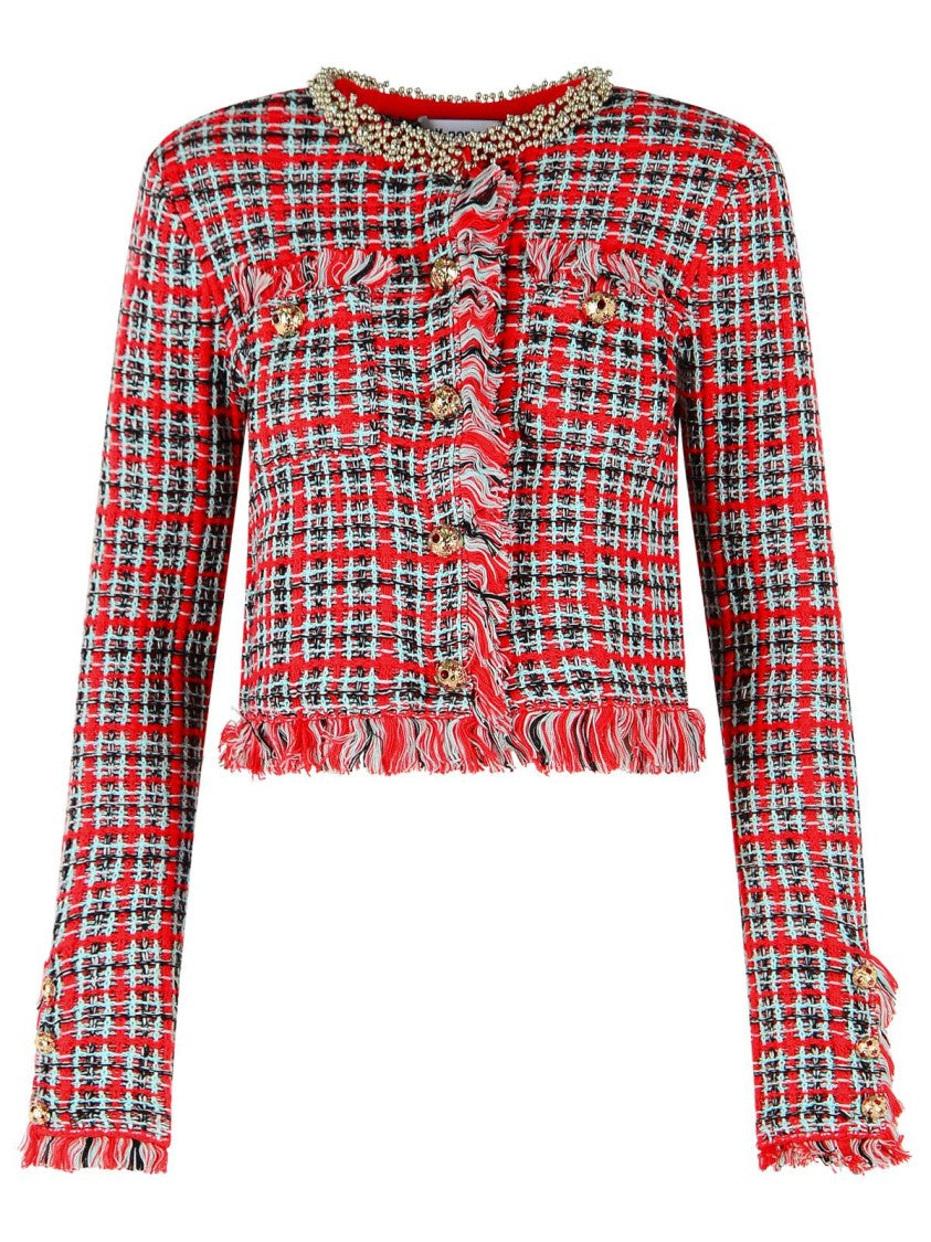 Self-Portrait Red Plaid Frayed-Trim Cotton-Blend Blazer