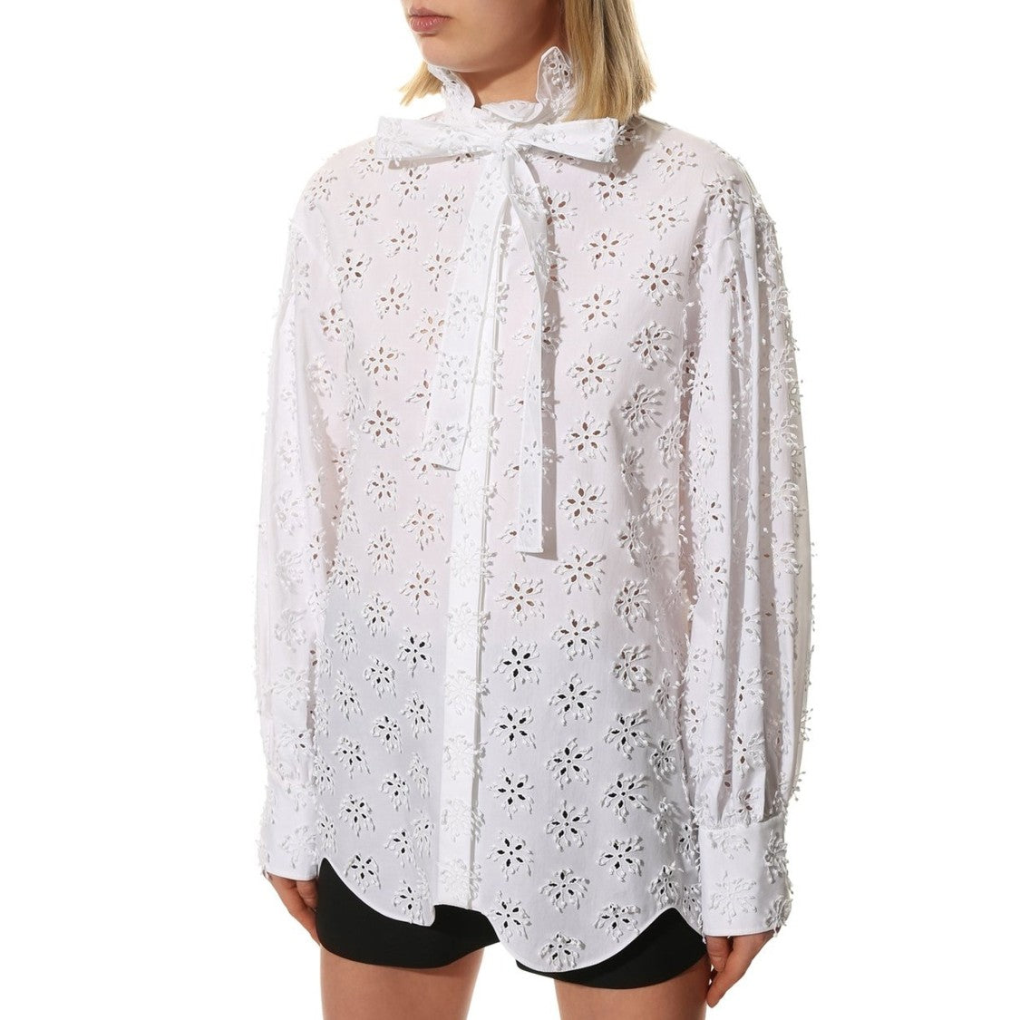 Valentino Long-Sleeved White Cotton Shirt With Floral Eyelet Embroidery