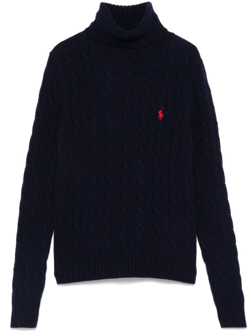 Polo Ralph Lauren Navy Blue Textured Cable Knit Wool Turtleneck With Roll Neck