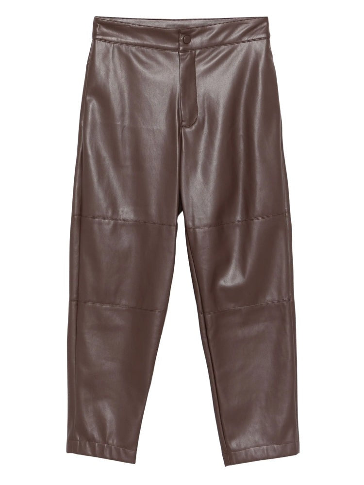 Twin-Set Cropped Brown Faux Leather Trousers With Tailored Fit And Glossy Finish