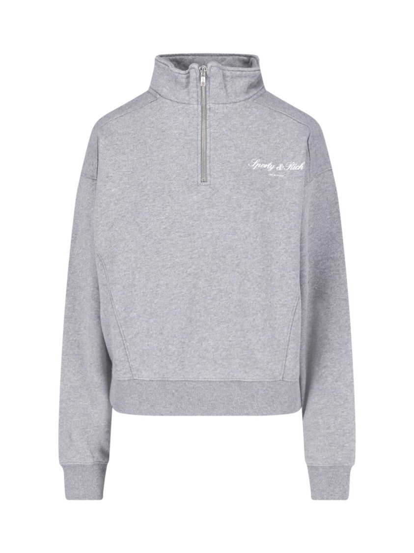 Sporty And Rich Grey High Collar Zip Cotton-Blend Sweatshirt