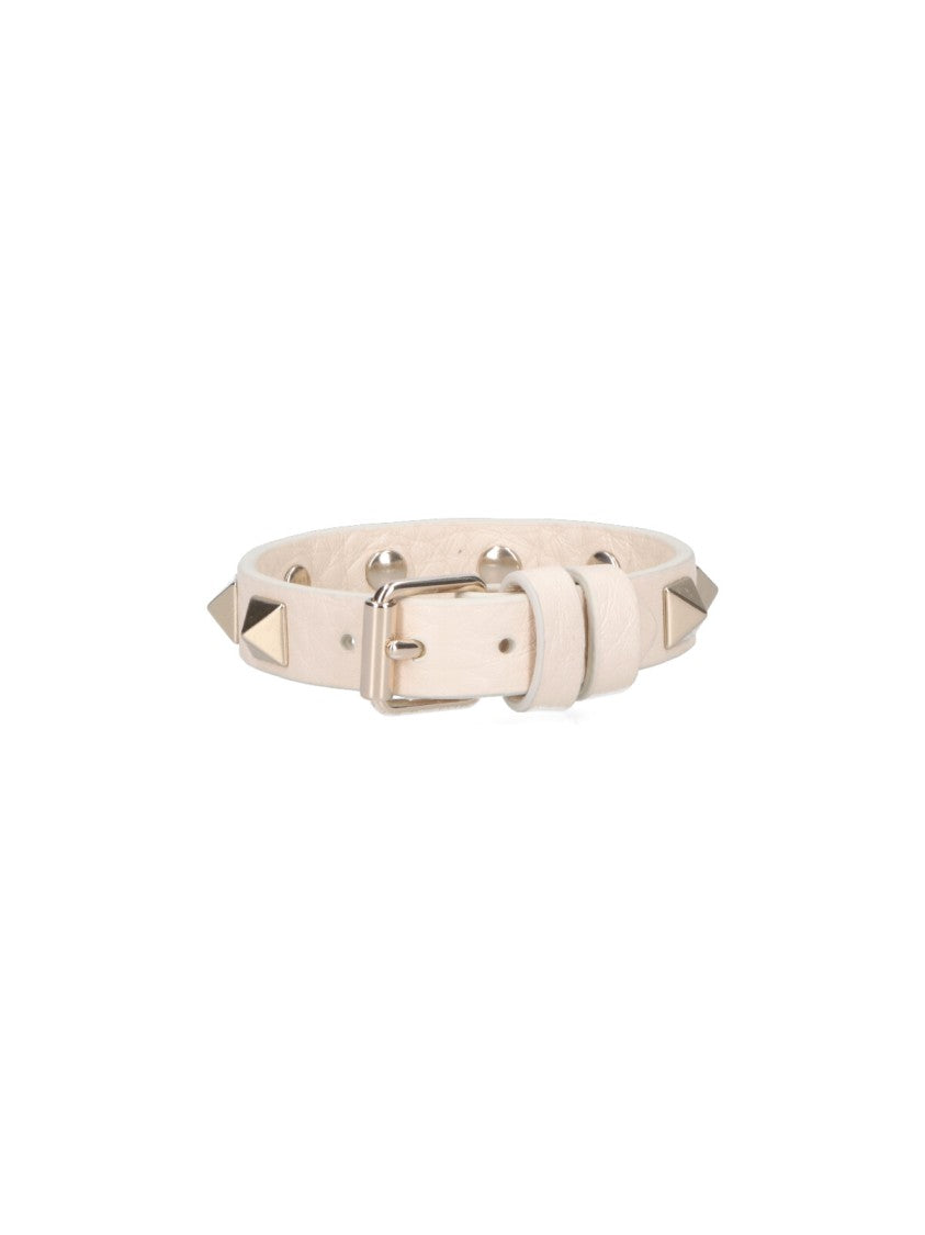 Valentino Garavani Pyramid-Studded White Leather Bracelet