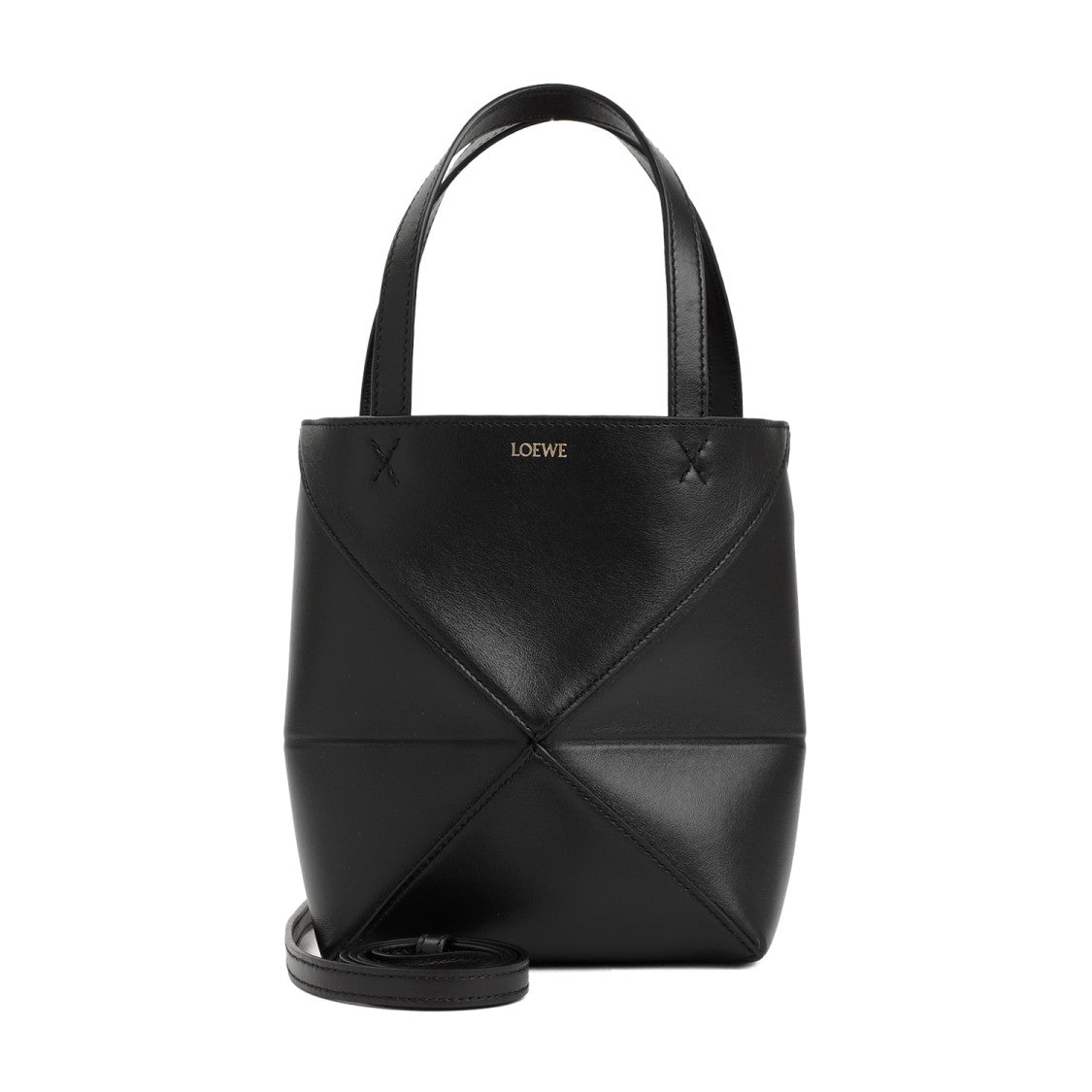 Loewe Mini Puzzle Fold Tote In Smooth Black Calf Leather