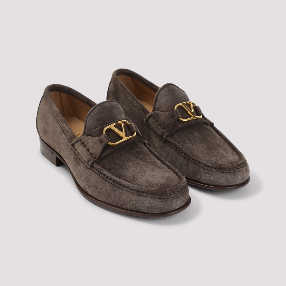 Valentino Garavani Brown Leather Loafers With Gold-Tone Logo Detail