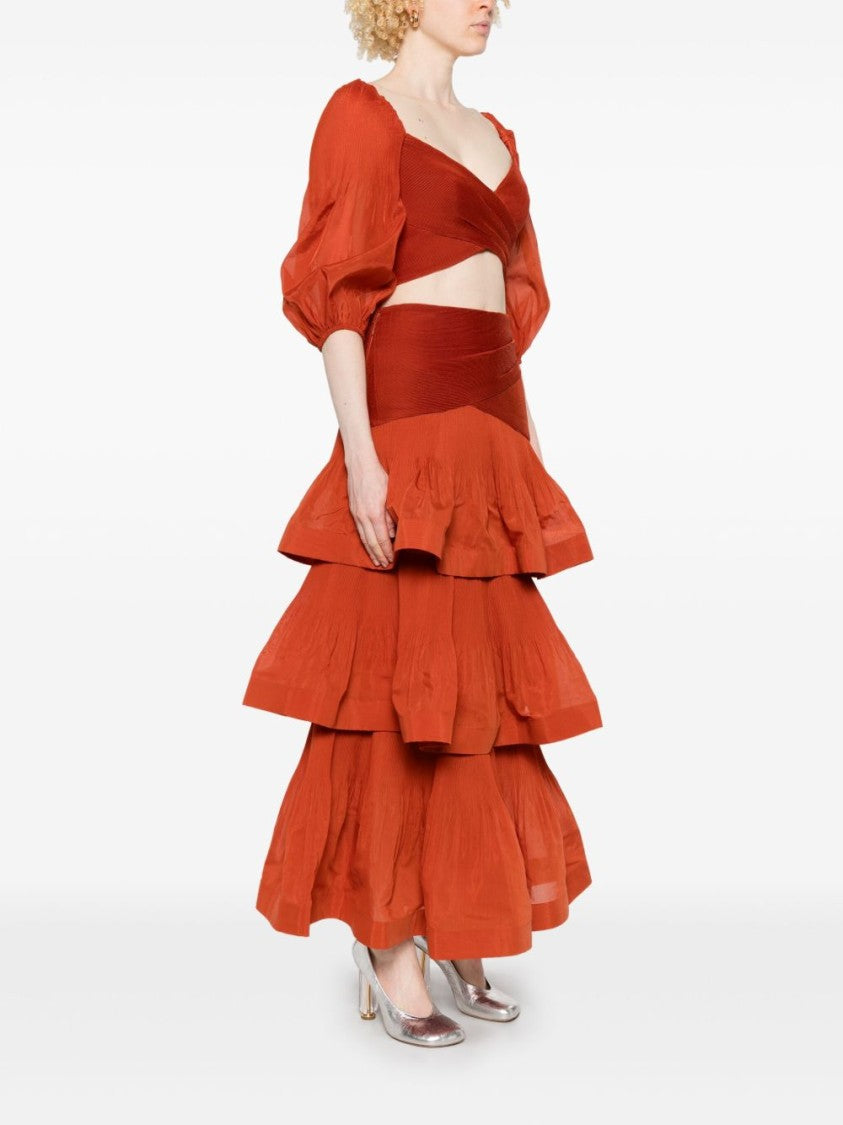 Zimmermann Ruffled Brick Red Maxi Skirt With Flared Hem And Draped Detail
