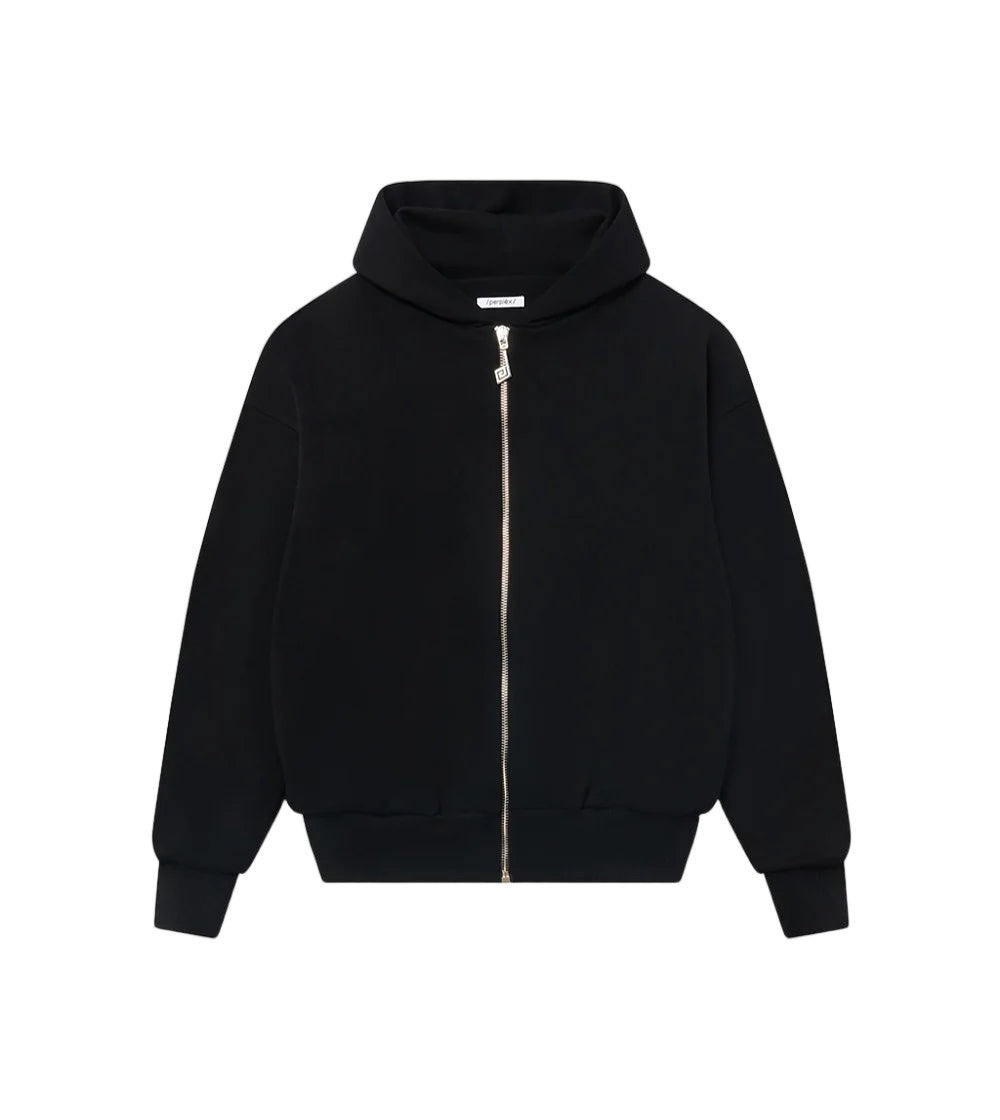 Perplex Black Ribbed Cotton-Blend Minimalist Zip Hoodie