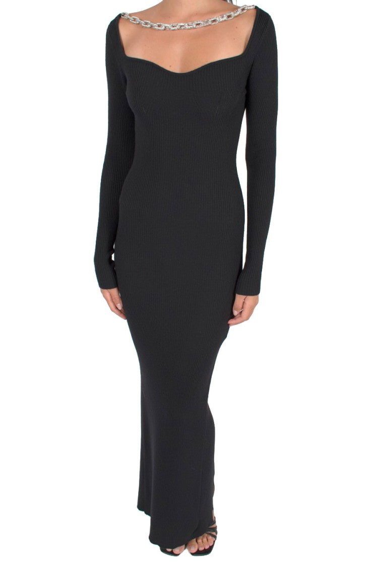 Giuseppe Di Morabito Black Chain Detail Sweetheart Wool-Blend Maxi Dress