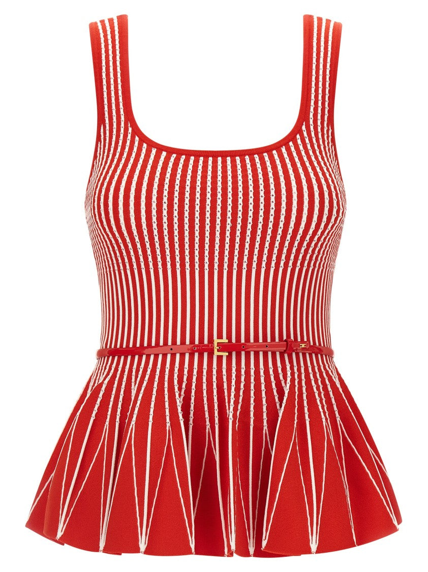 Elisabetta Franchi Striped Tricot Viscose Blend Top With Pleated Hem And Belt