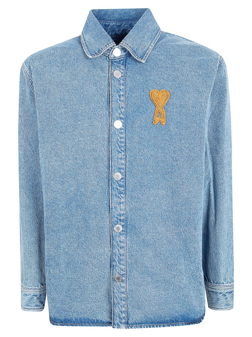 Ami Paris Indigo Denim Vintage-Effect Jacket With Crochet Patch