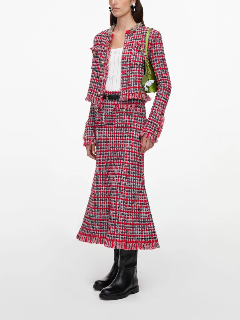 Self-Portrait Red Houndstooth Tweed Gold Button A-Line Midi Skirt