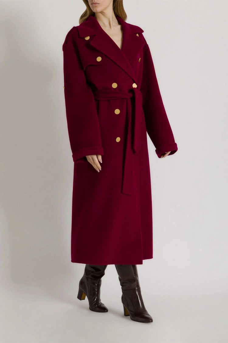Alberta Ferretti Burgundy Double-Breasted Gold Button Wool-Blend Coat