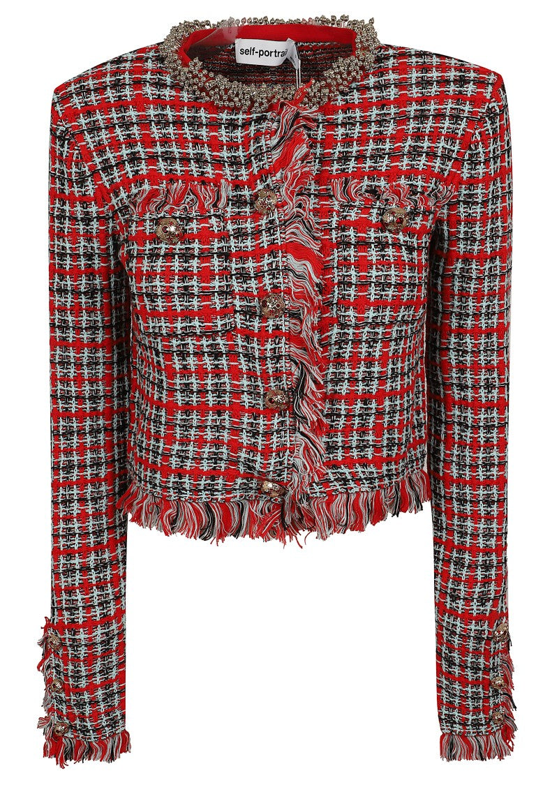 Self-Portrait Checked Cropped Knit Jacket With Frayed Edges