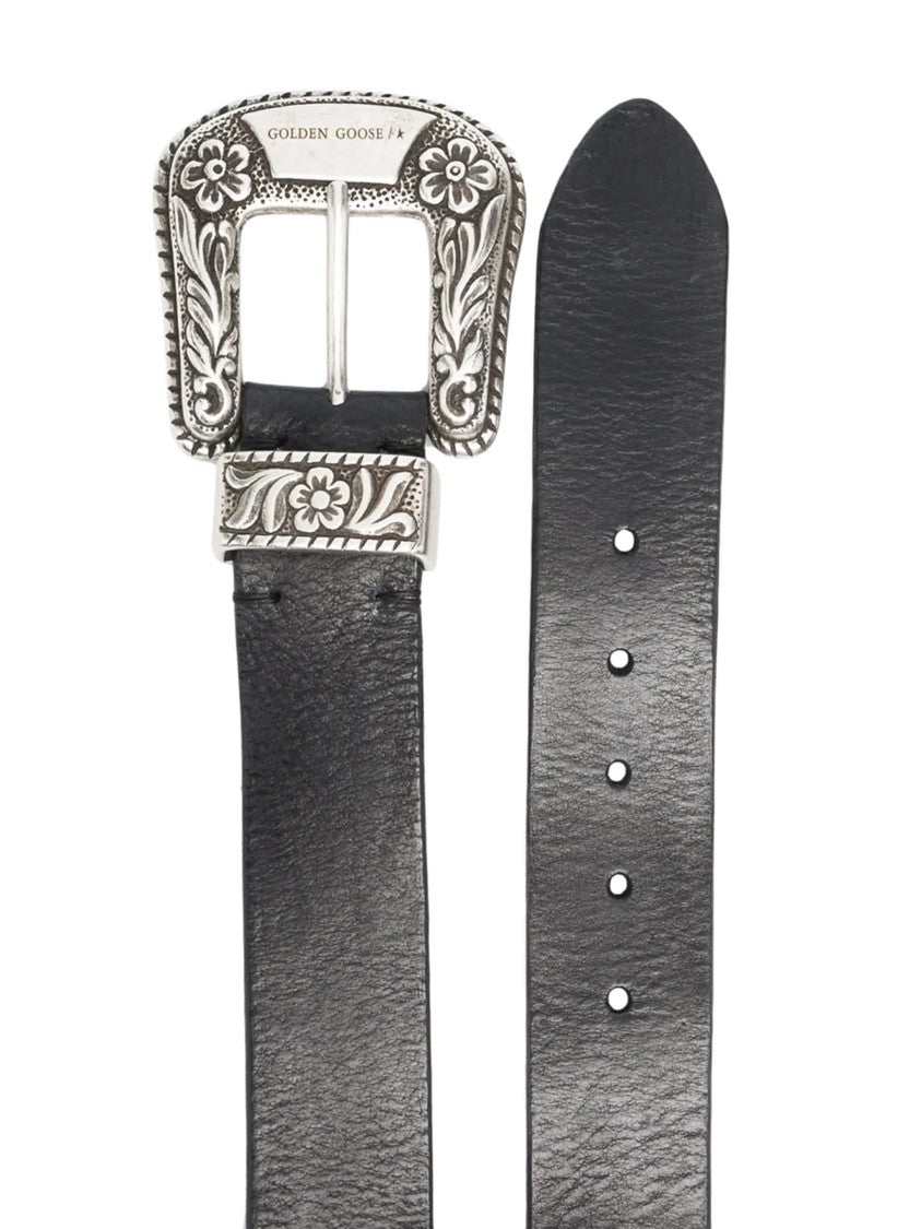 Golden Goose Black Leather Western-Style Belt With Engraved Silver Buckle