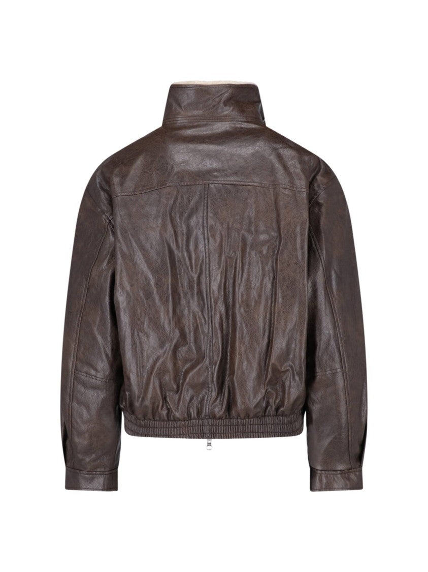 Low Classic Brown Detachable Faux Fur Collar Faux Leather Bomber Jacket