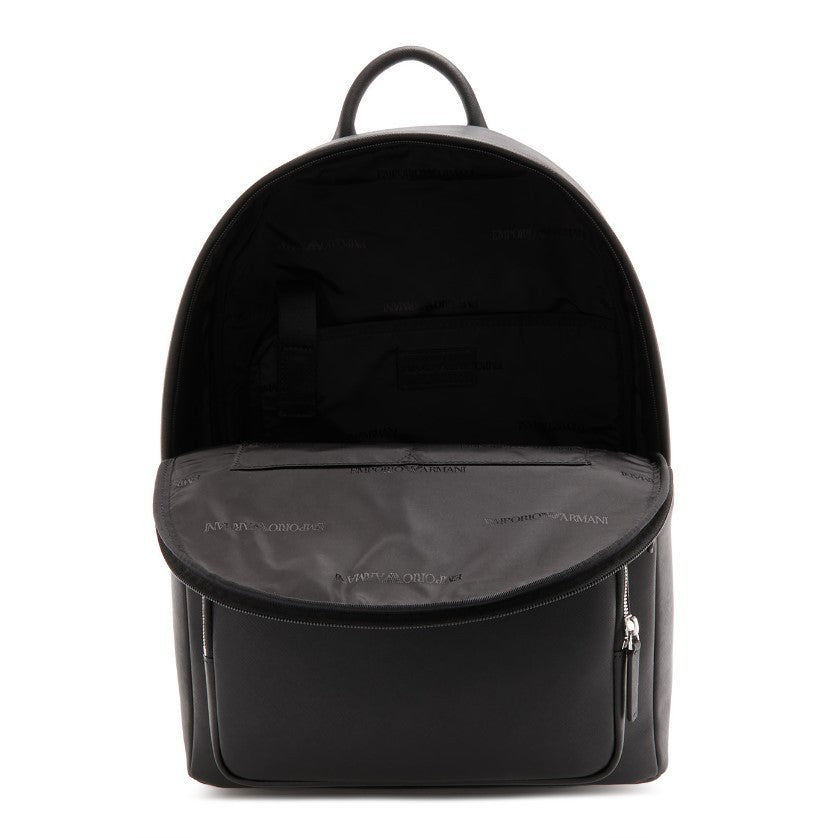 Emporio Armani Black Backpack With Shaped Metal Eagle Logo And Zip Closure