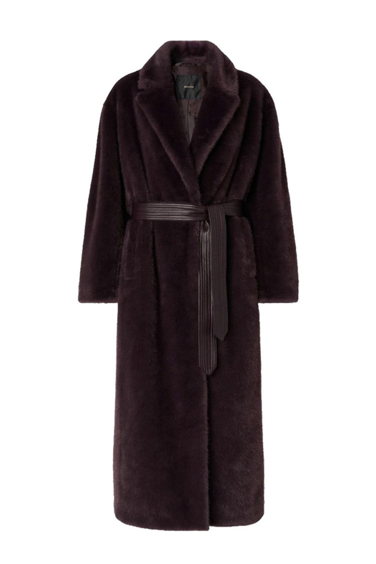 Pinko Brown Polyester Faux-Fur Belted Coat