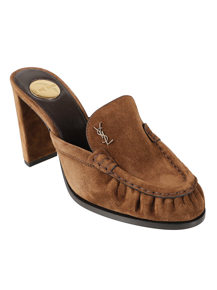 Saint Laurent Moccasin-Inspired Brown Suede Sandals With Block Heel
