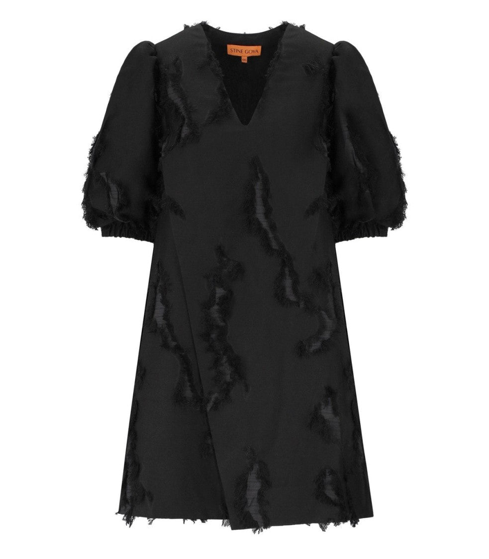 Stine Goya V-Neck Mini Dress With Frayed Applications And Balloon Sleeves