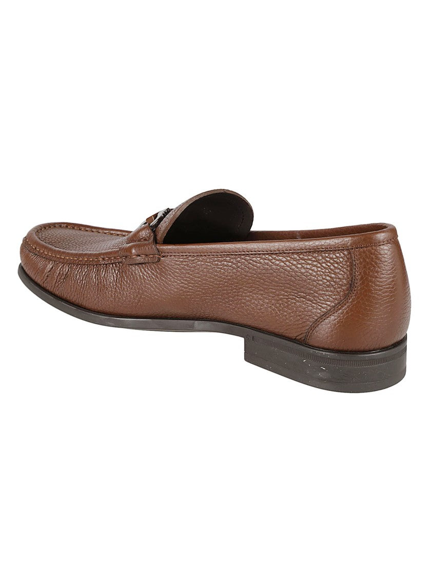 Ferragamo Pebbled Leather Loafers With Round Toe And Metal Bit Detail