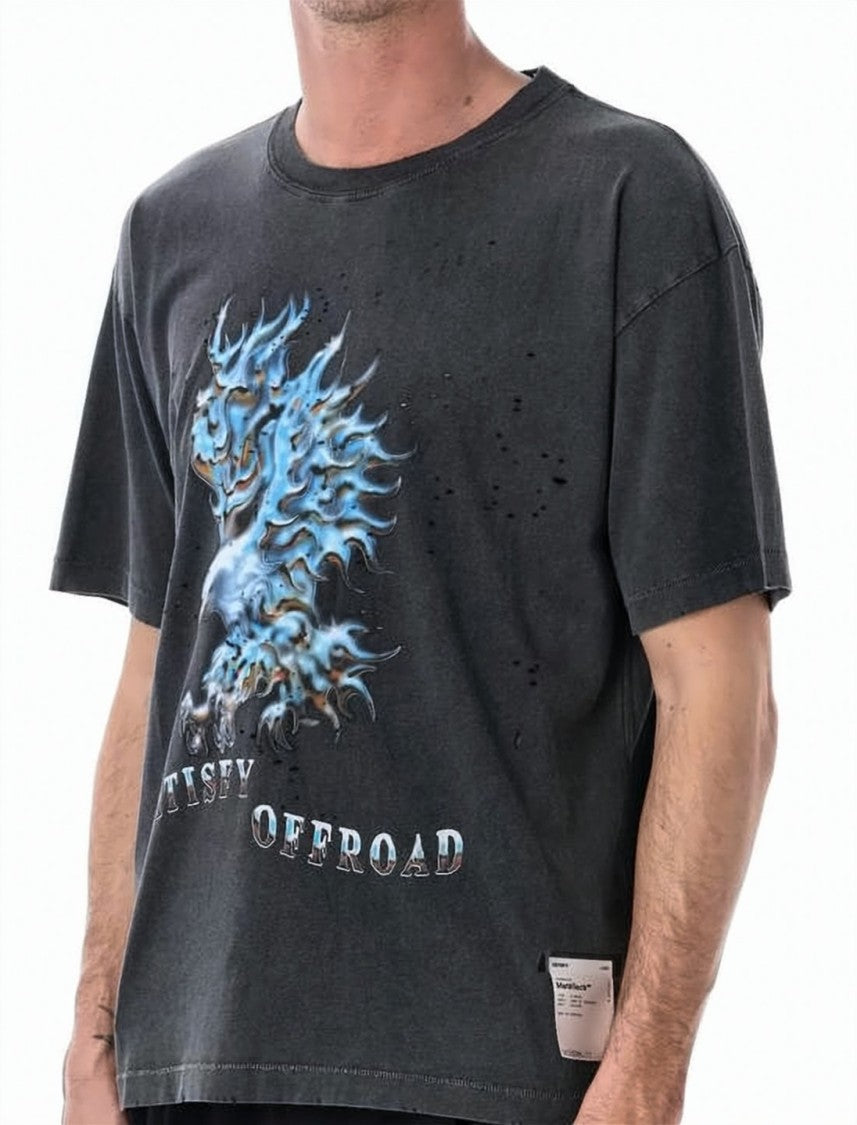 Satisfy Distressed Graphic Tee With Bold Blue Lion Design