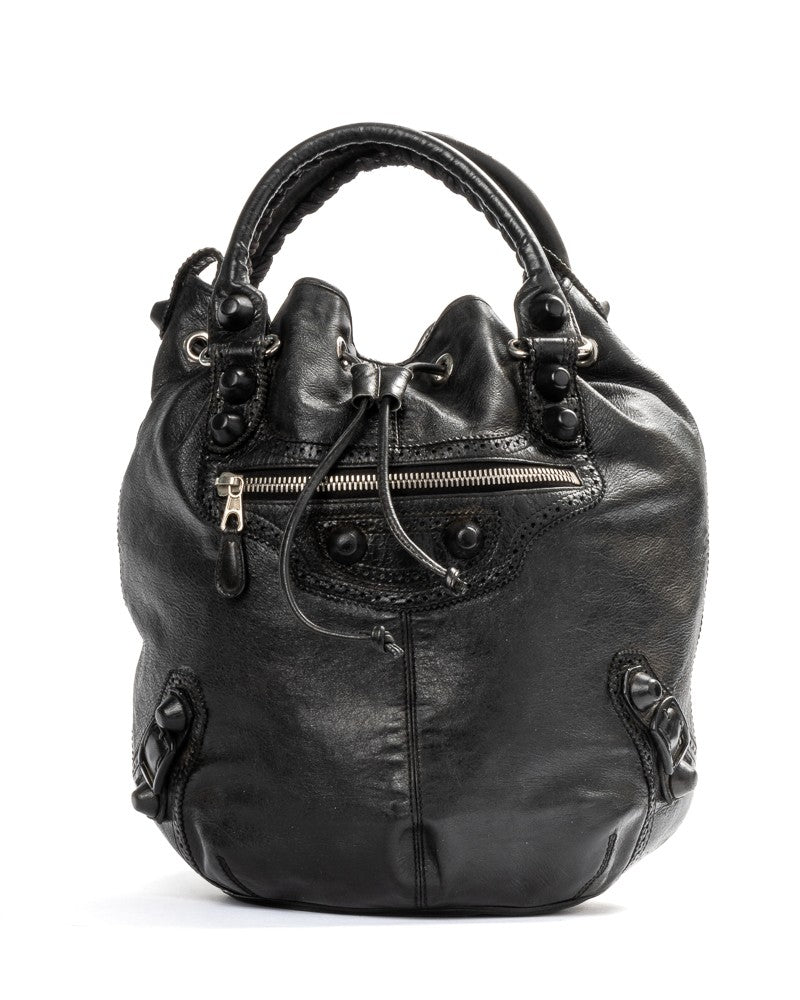 Balenciaga Medium Black Leather Pompon Bucket Bag