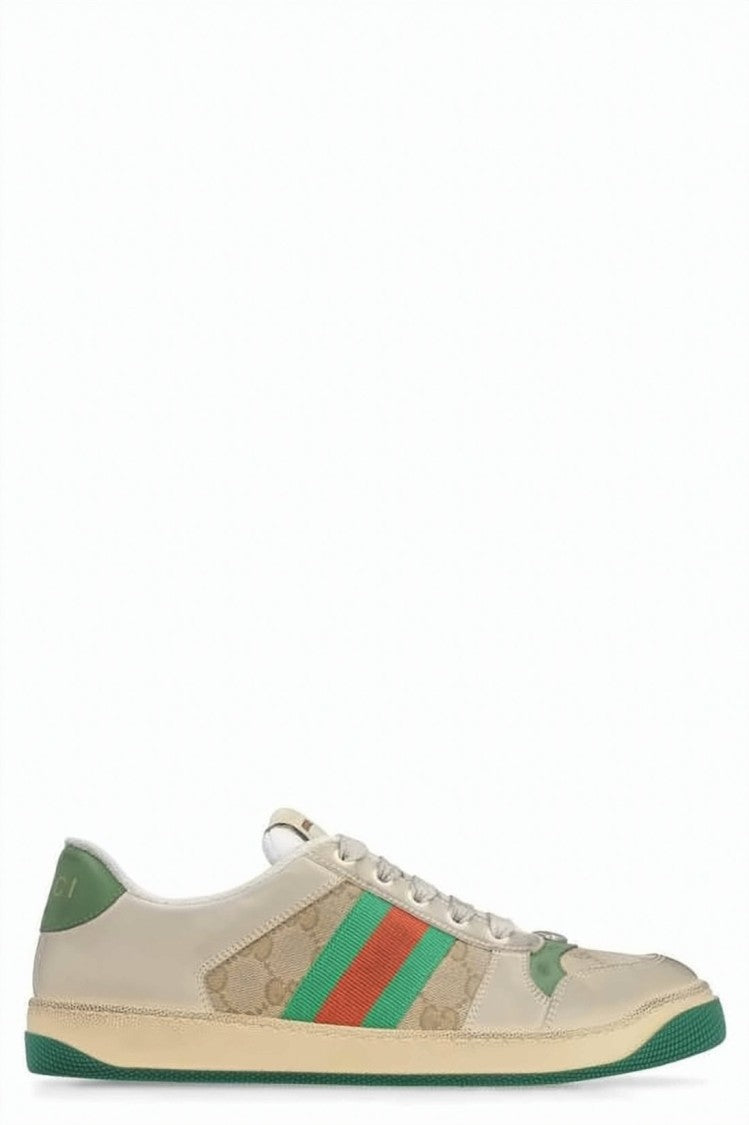 Gucci Low-Top Beige Leather Sneakers With Gg Monogram And Web Stripes
