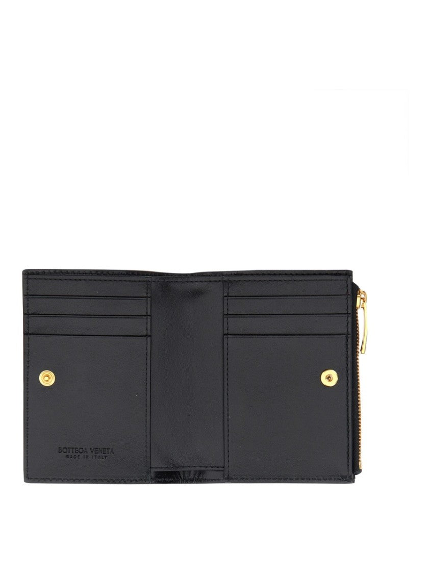 Bottega Veneta Bi-Fold Wallet With Woven Pattern And Gold-Zippered Section
