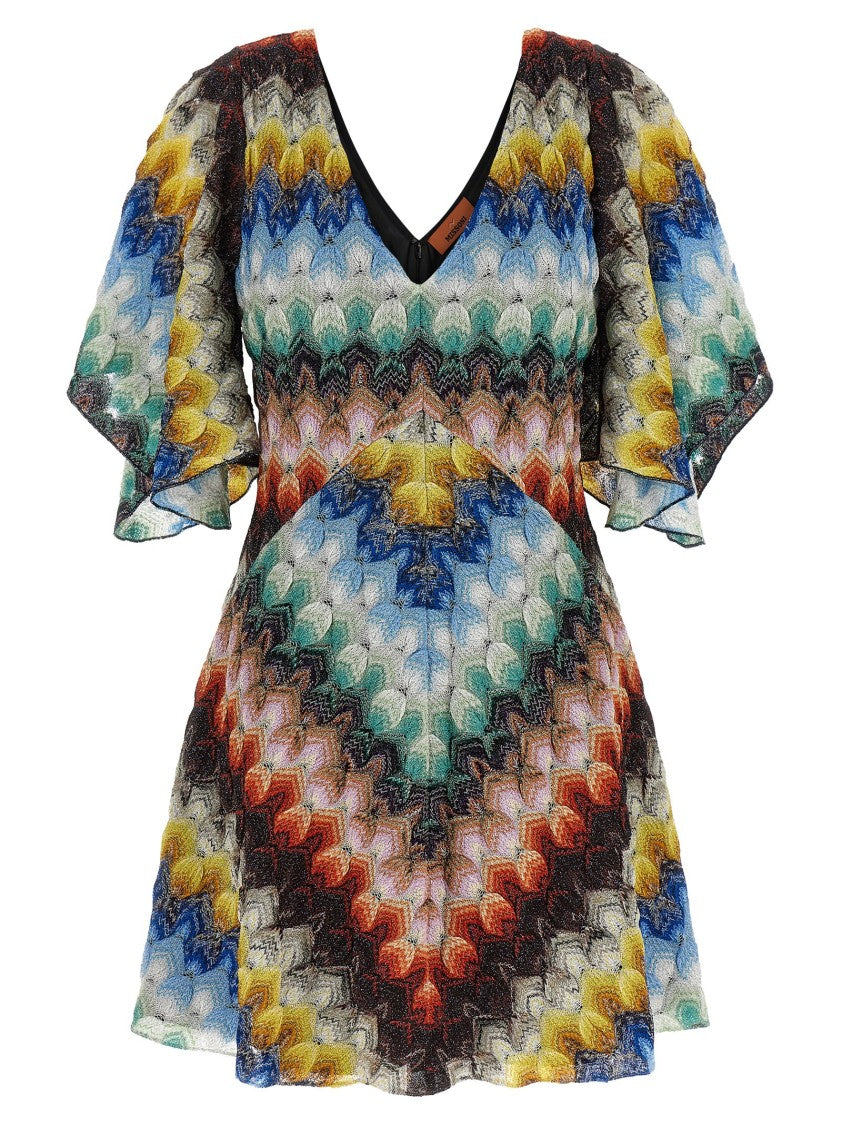 Missoni Vibrant Zigzag Pattern Mini Dress With V-Neck And Handkerchief Sleeves