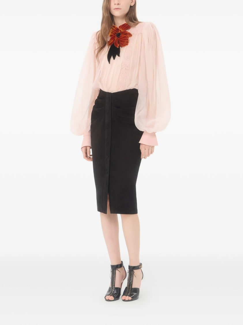 Valentino Neutral Sheer Velvet Floral Applique Blouse