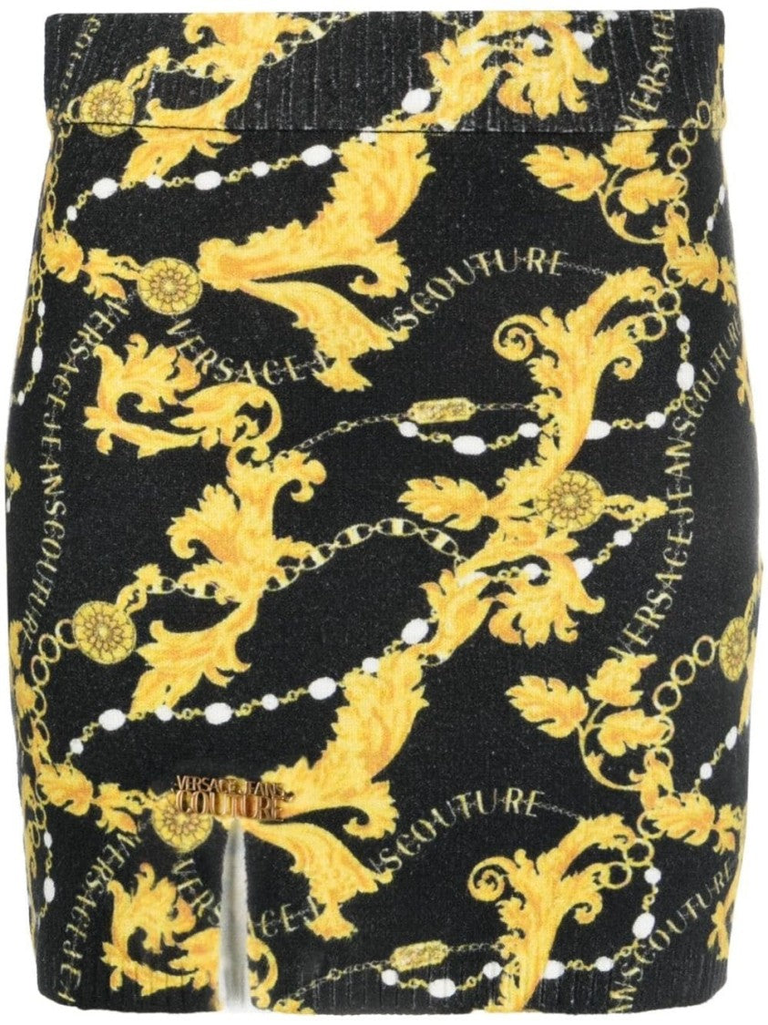 Versace Jeans Couture Intricate Gold Patterned Black Midi Skirt