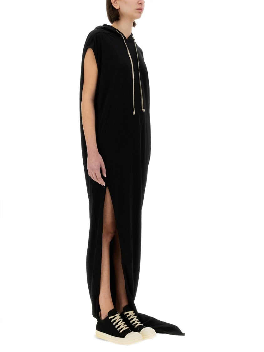 Drkshdw By Rick Owens Hooded Black Maxi Dress With Side Slits