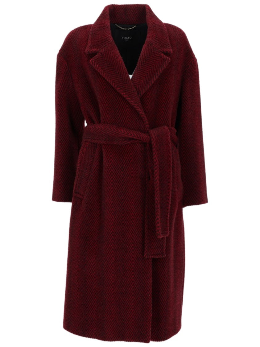Paltò Burgundy Herringbone Coat With Wide Lapel