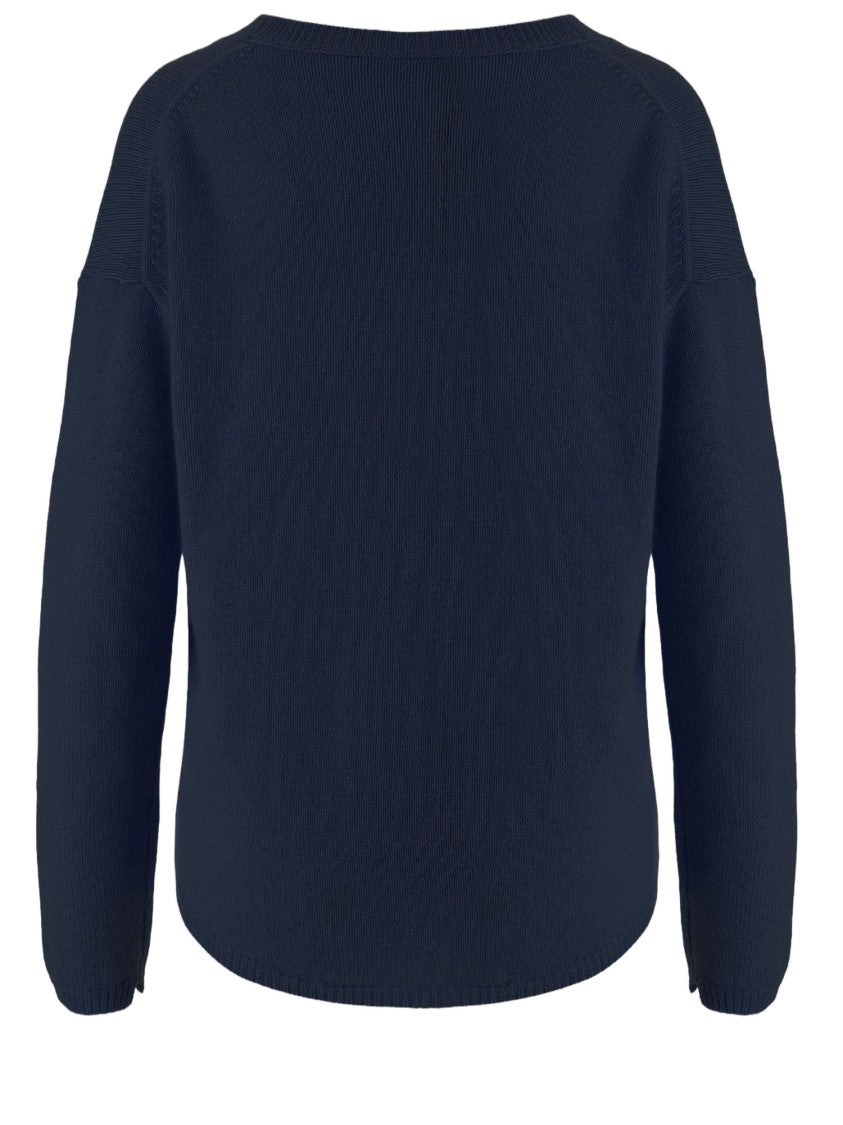 Allude Navy Cashmere Sweater With V-Neck And Ribbed Edges