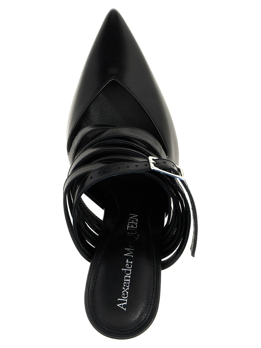 Mcqueen Sculpted Leather Strap Mules With Lacquered Heel