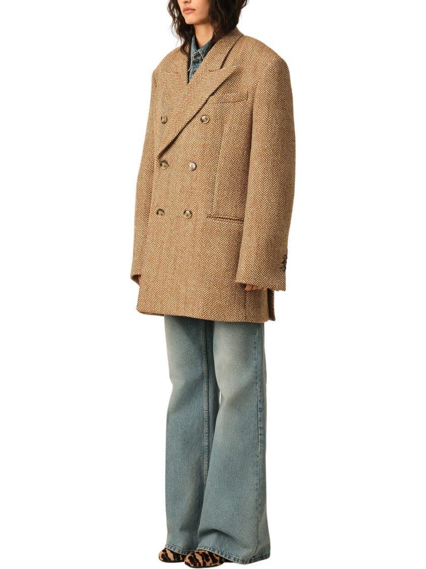Ami Paris Brown Double-Breasted Herringbone Wool Blazer