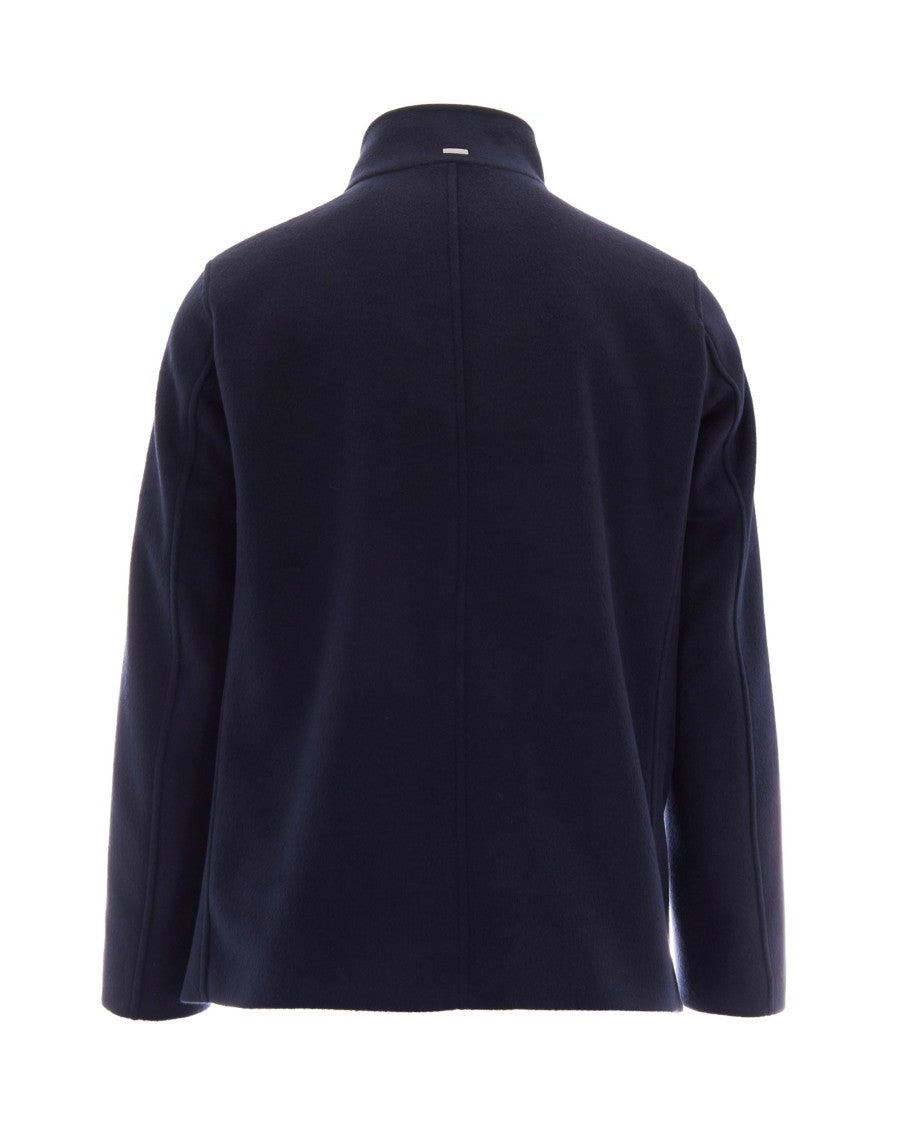Herno Navy Blue High Neck Double-Breasted Coat