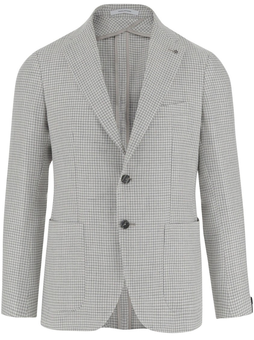 Tagliatore Linen Blend Single-Breasted Jacket With Houndstooth Pattern