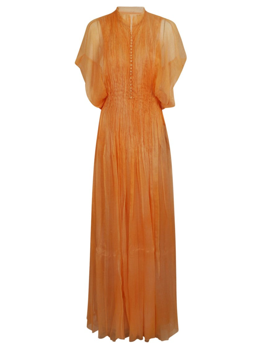 Ermanno Scervino Pure Silk Maxi Dress With Pleating And Buttoned Neckline